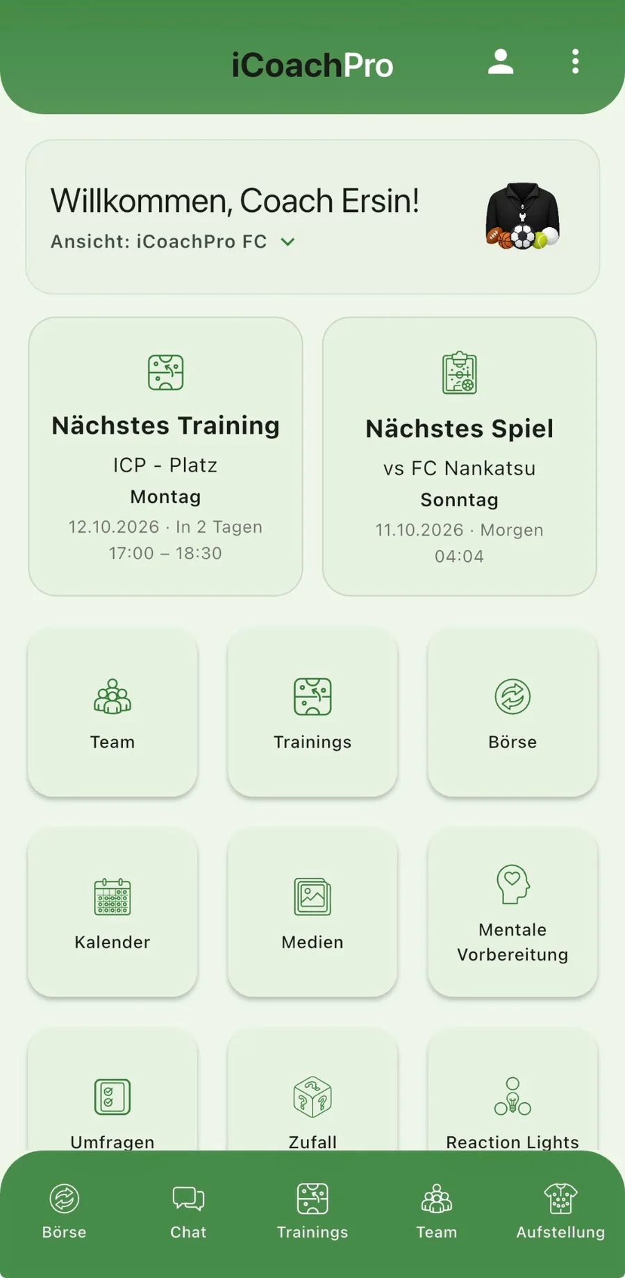 iCoachPro Dashboard mit nächstem Training, Spiel und Teamfunktionen.