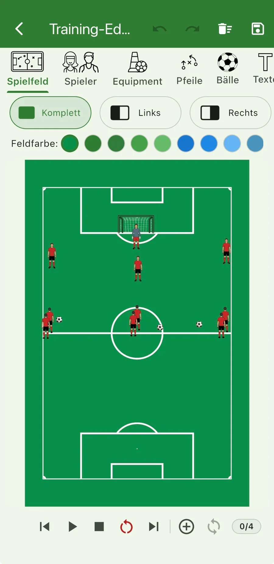 Der iCoachPro Training-Editor zeigt ein Spielfeld und seine Werkzeuge.